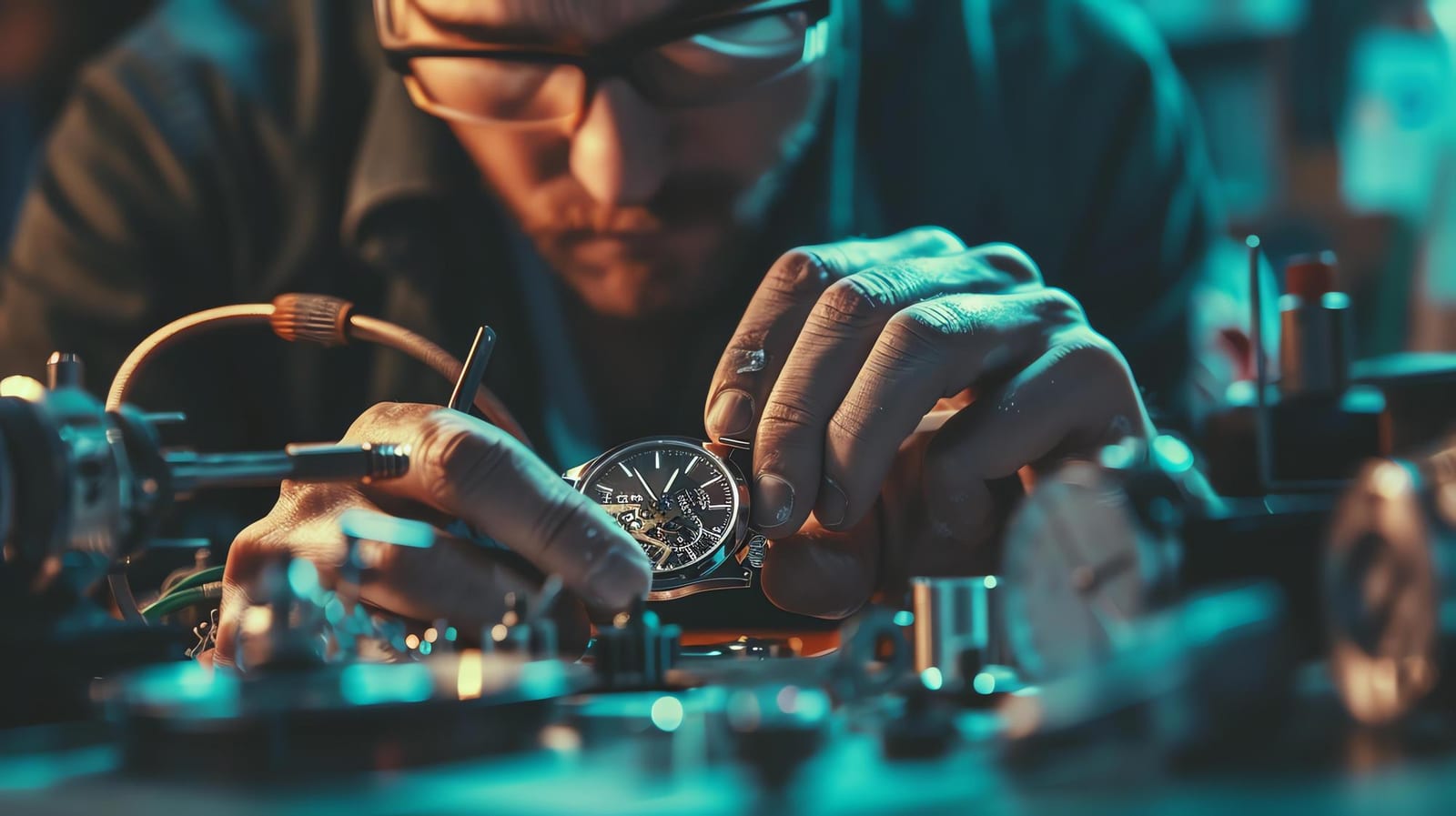 Orologiaio concentrato al banco di lavoro mentre osserva un movimento